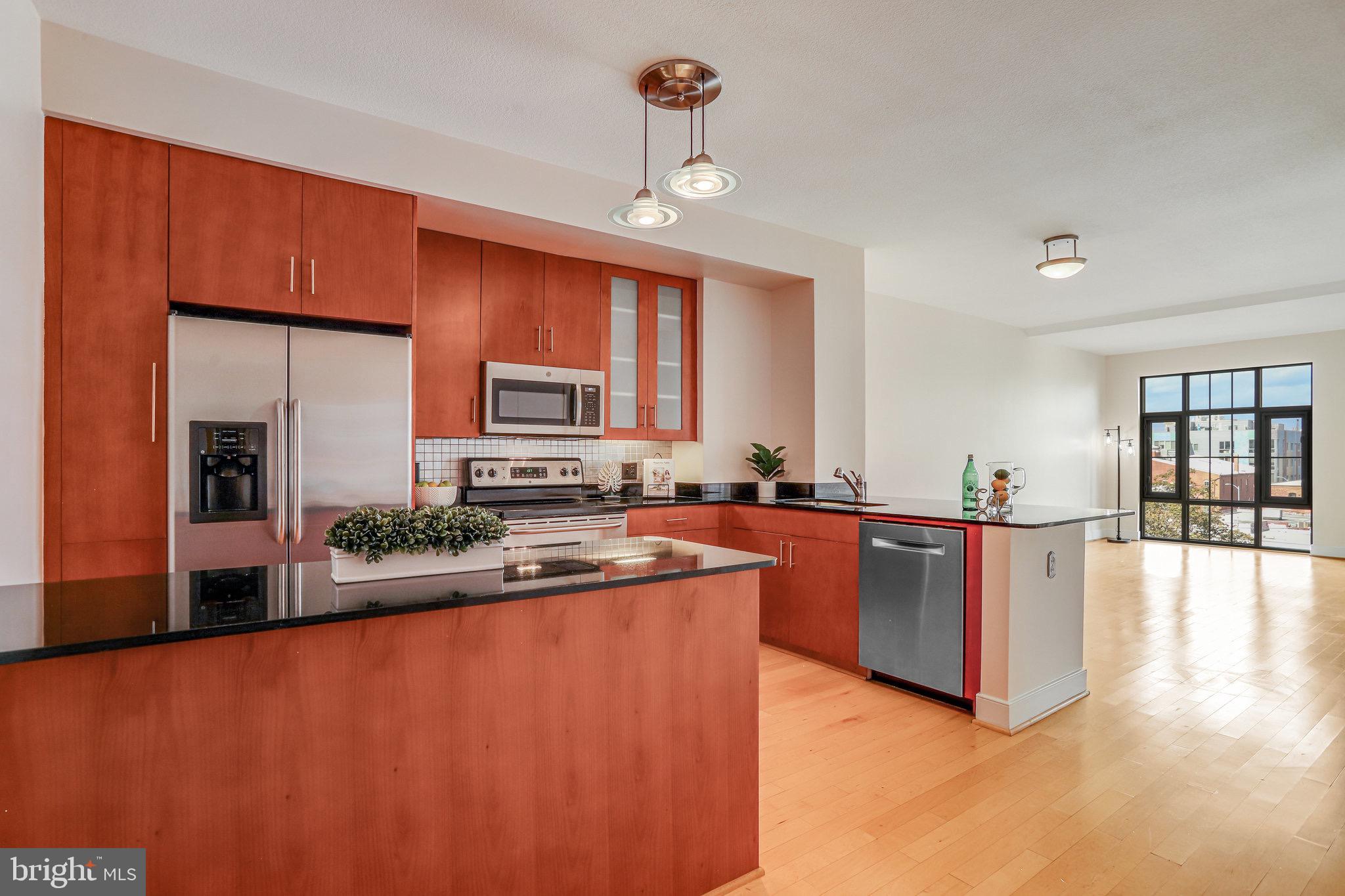 910 M Street Northwest, Unit 516 Washington, DC 20001 - Photo 5 of 29 a kitchen with stainless steel appliances granite countertop a refrigerator a sink dishwasher a stove with wooden cabinets and floor