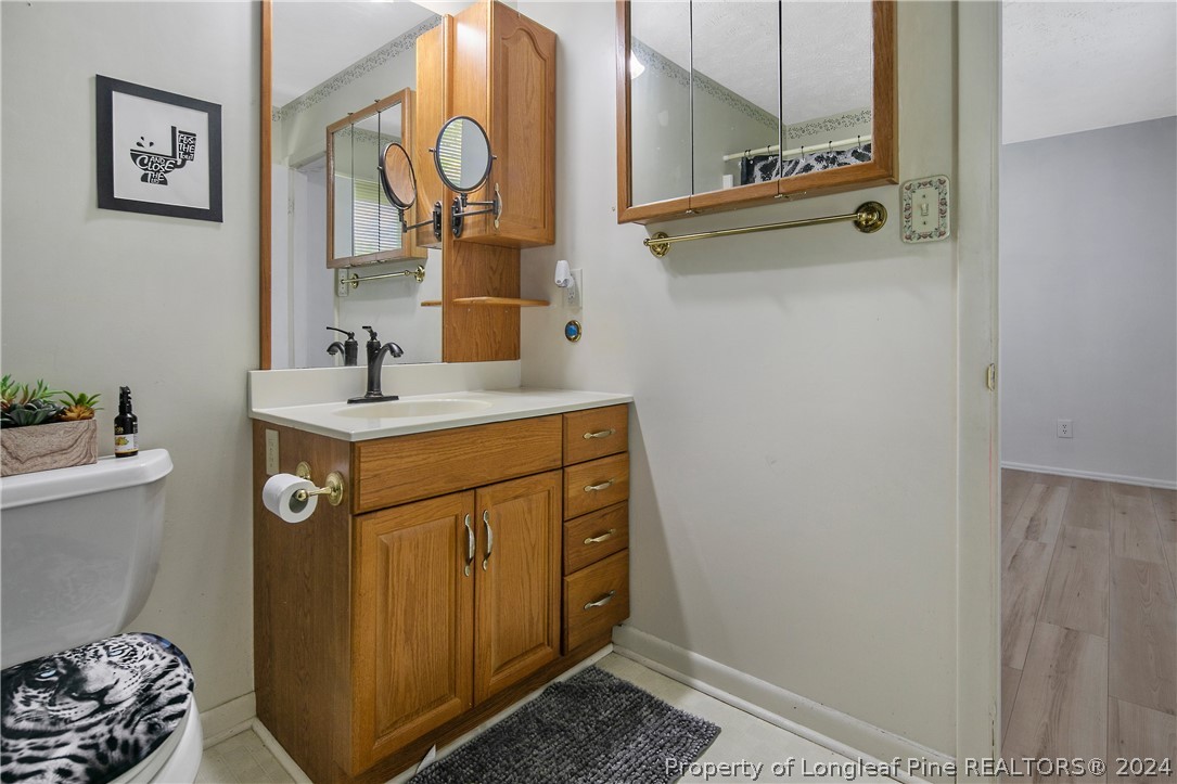 3011 Rouse Road Fayetteville, NC 28306 - Photo 32 of 50 a bathroom with a sink a toilet and a mirror