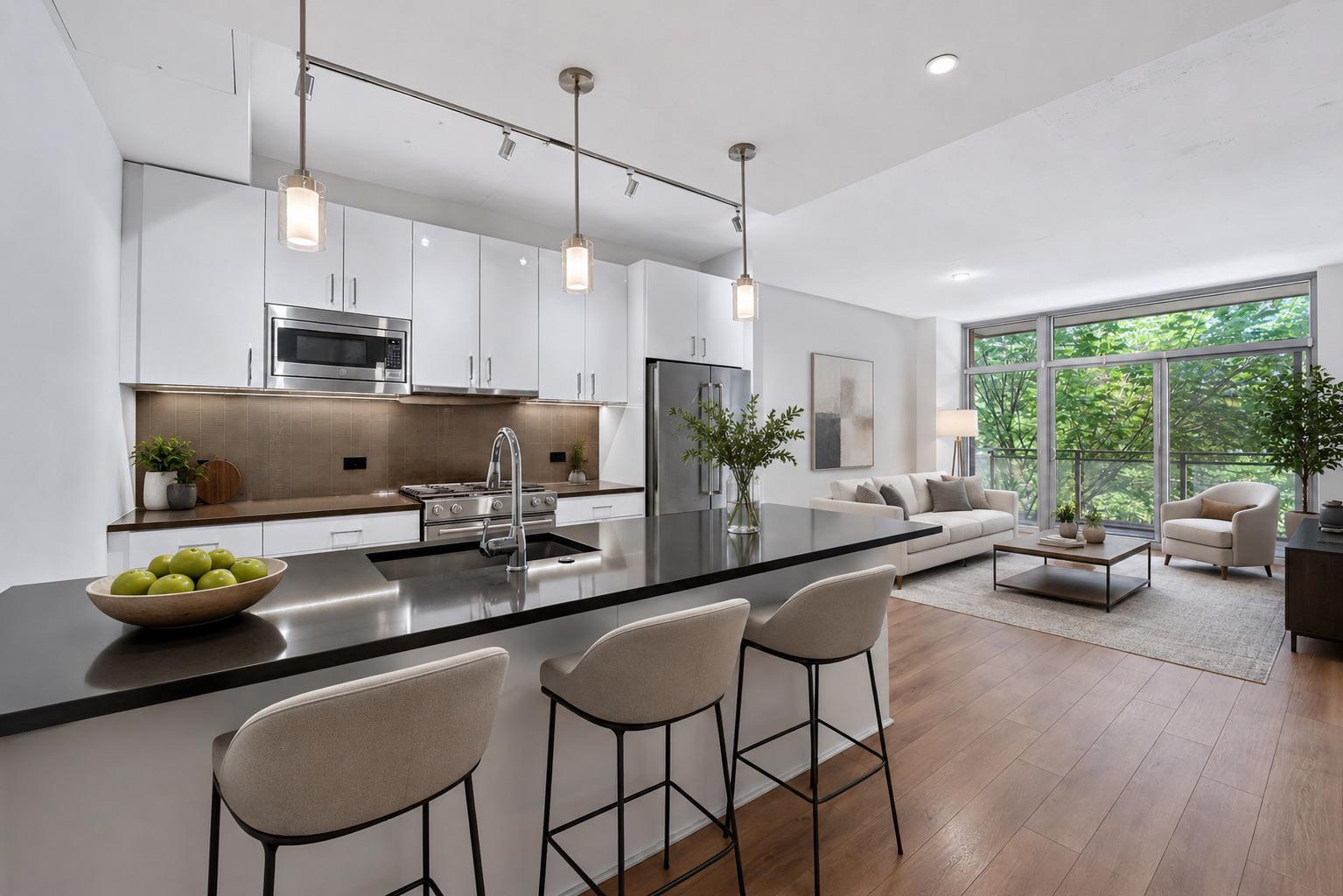 88 V Street Southwest, Unit 213 Washington, DC 20024 - Photo 1 of 26 VIRTUALLY STAGED modern kitchen with serene views.