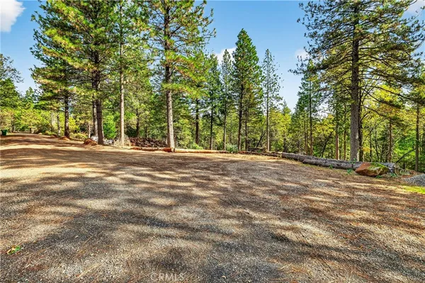 a view of dirt field with trees in the background
