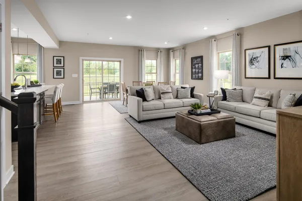 a living room with furniture a rug and a window