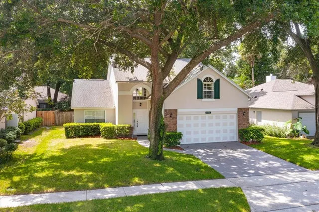 a view of a yard in front of a house with plants and large tree