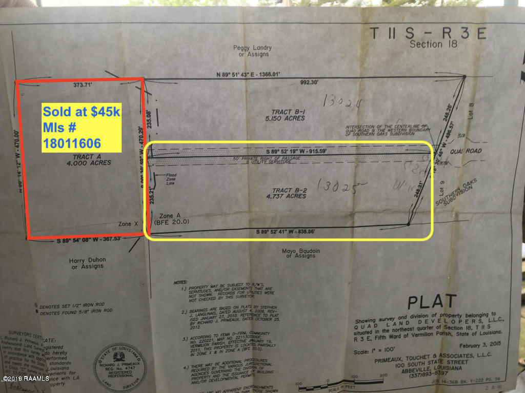 Tbd Quad Road Maurice, LA 70555 - Photo 1 of 2 plat for quad rd 4.737 acres