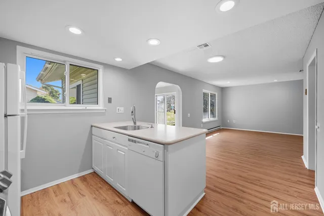 a view of a sink and window with wooden floor