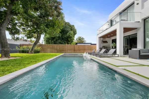 a view of a swimming pool with a yard