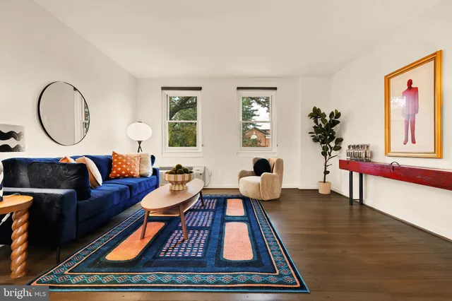 a living room with furniture rug and window