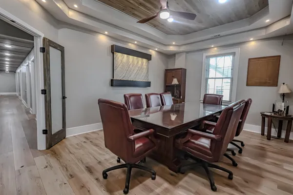 a view of a dining room with furniture