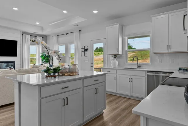 a kitchen with white cabinets and sink