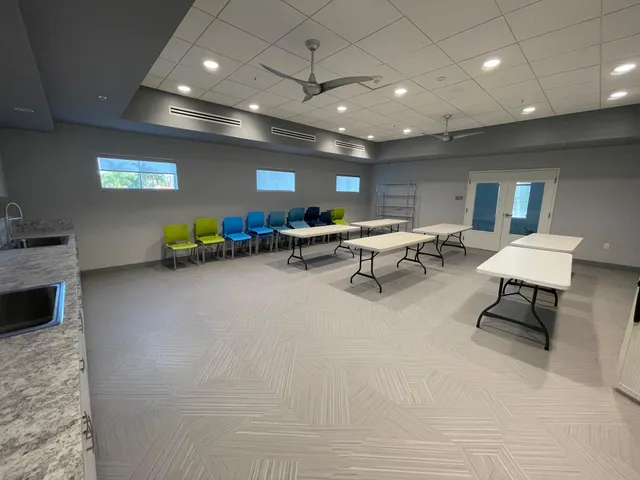 a view of a dining room with furniture