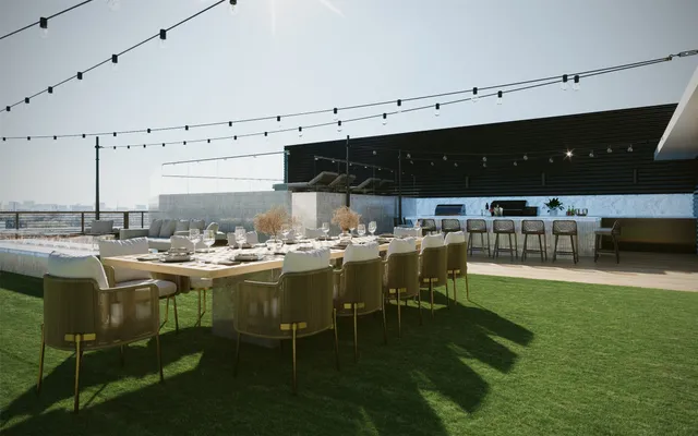 a view of a patio with table and chairs with wooden floor