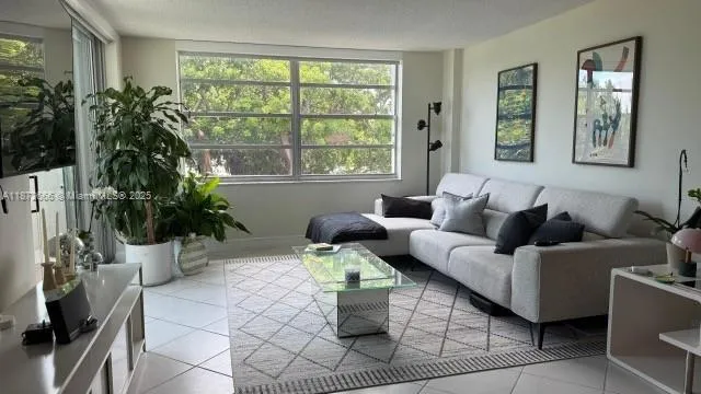 a living room with furniture and a potted plant