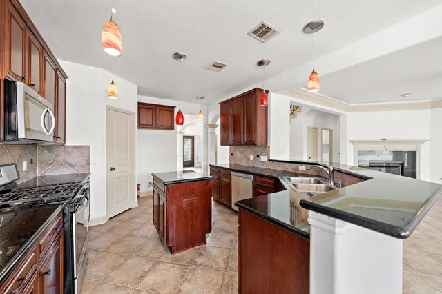 a kitchen with lots of counter top space