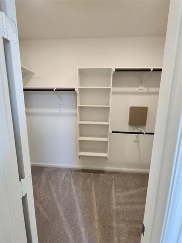 a view of a closet with racks on the wall