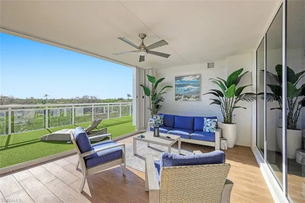 a building outdoor space with patio furniture