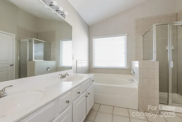 a bathroom with a tub sink and a mirror