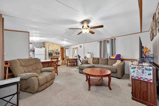 a living room with furniture a rug and a chandelier