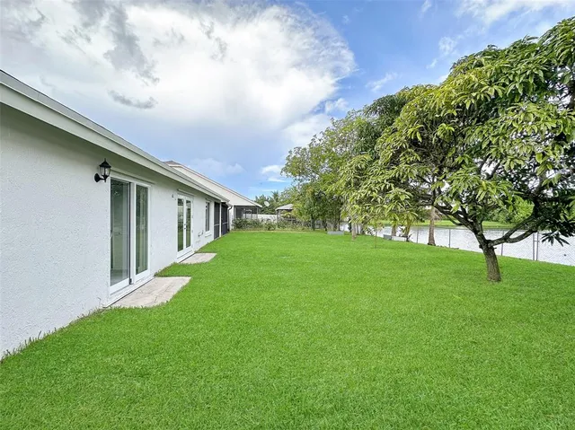 a backyard of a house with plants and large tree