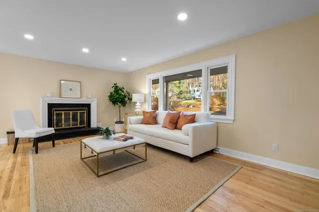 a living room with furniture and a fireplace