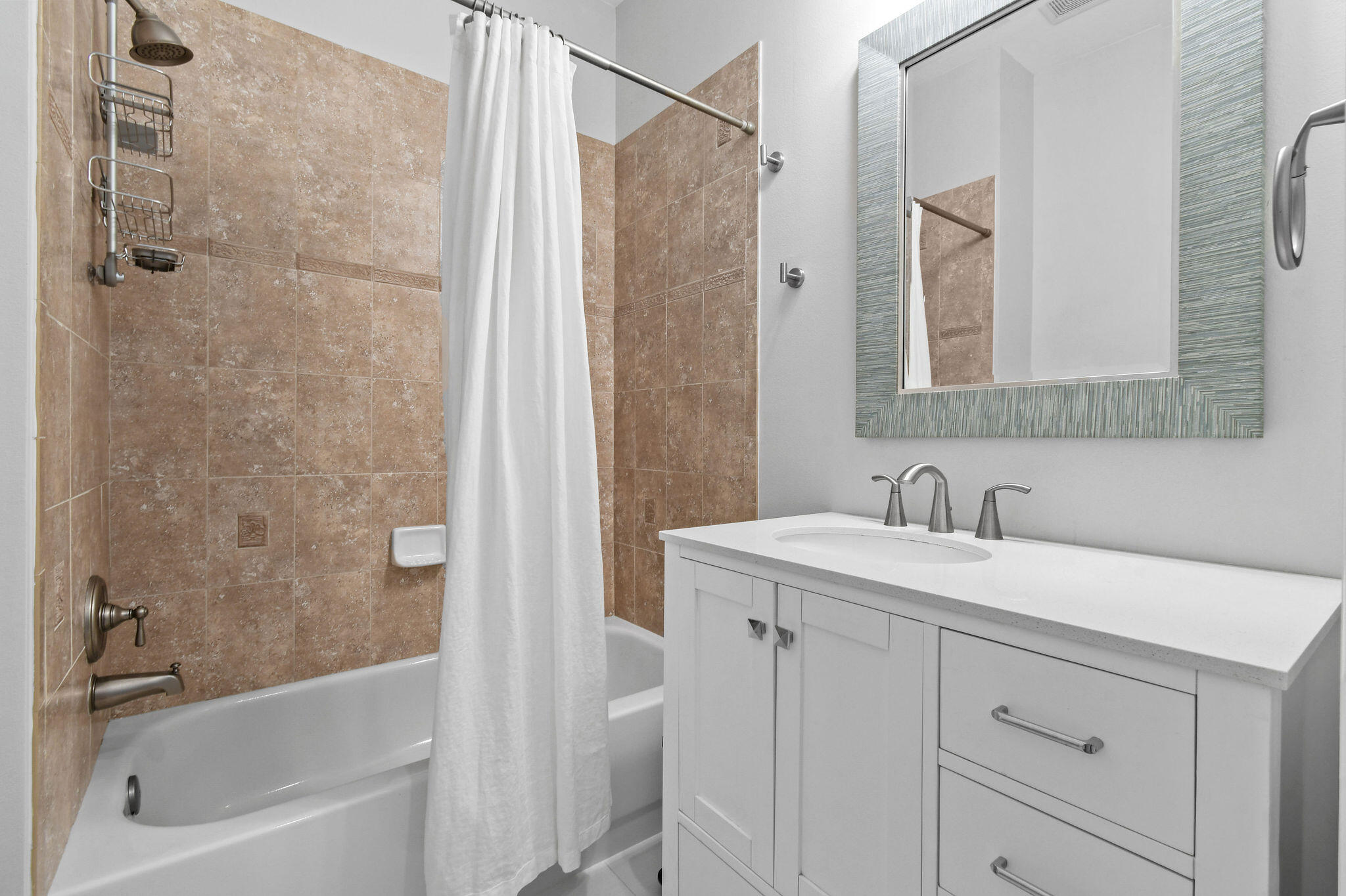 158 Ennis Lane Jupiter, FL 33458 - Photo 30 of 77 a bathroom with a granite countertop sink a mirror a shower and a bathtub