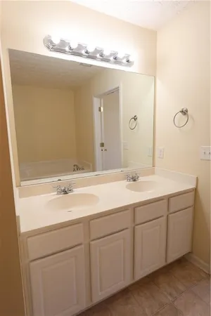 a bathroom with a double vanity sink and mirror
