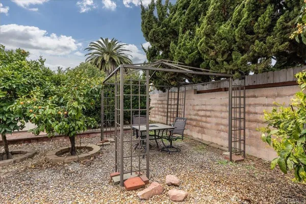 a backyard with plants and outdoor seating