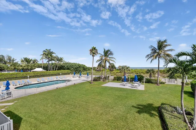 a view of a swimming pool with a yard and palm trees