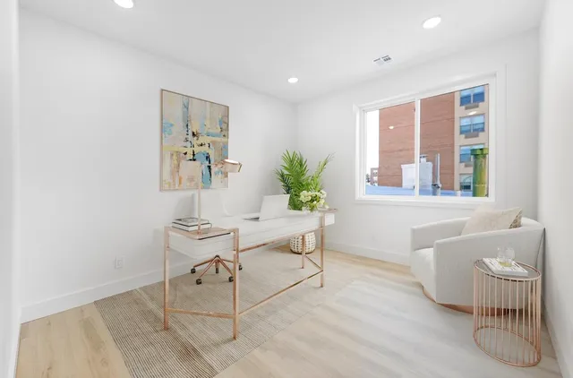 a living room with furniture and a potted plant