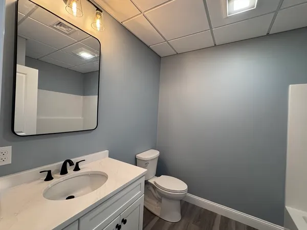 a bathroom with a sink a toilet and mirror