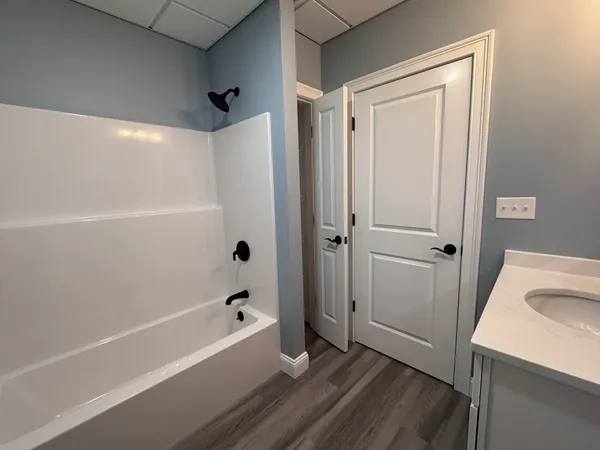 a bathroom with a bathtub and a shower