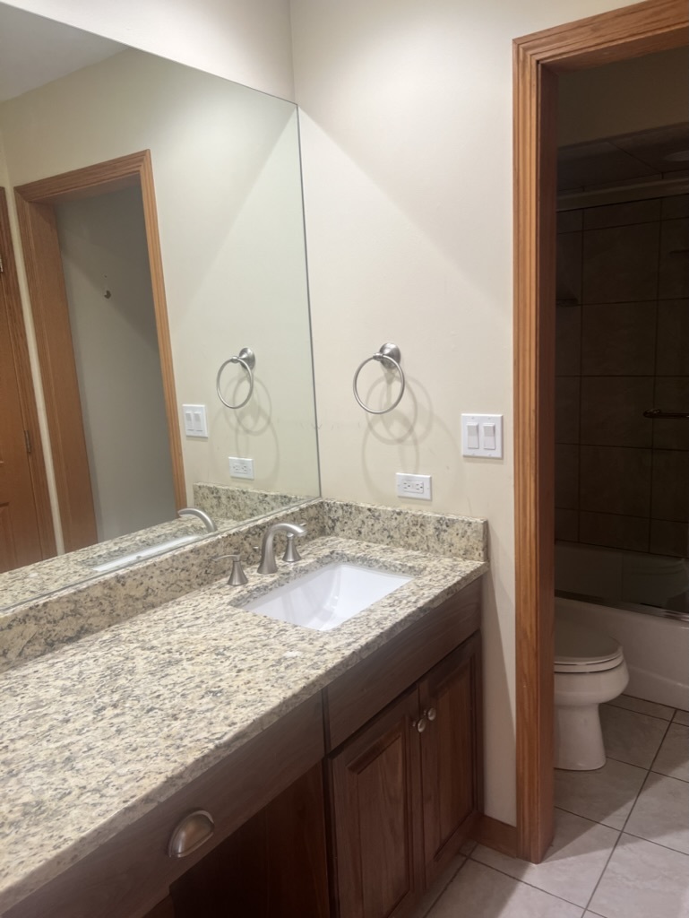 1988 Green Bay Road, Unit 1 Highland Park, IL 60035 - Photo 9 of 13 a bathroom with a granite countertop sink and a mirror