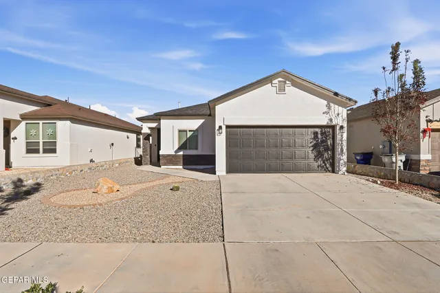 a view of a house with a backyard and a garage