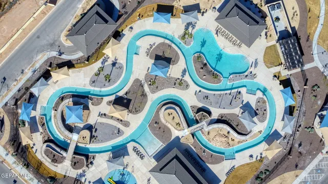 an aerial view of a and a fire pit