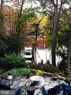 a view of a lake with boats and trees in the background