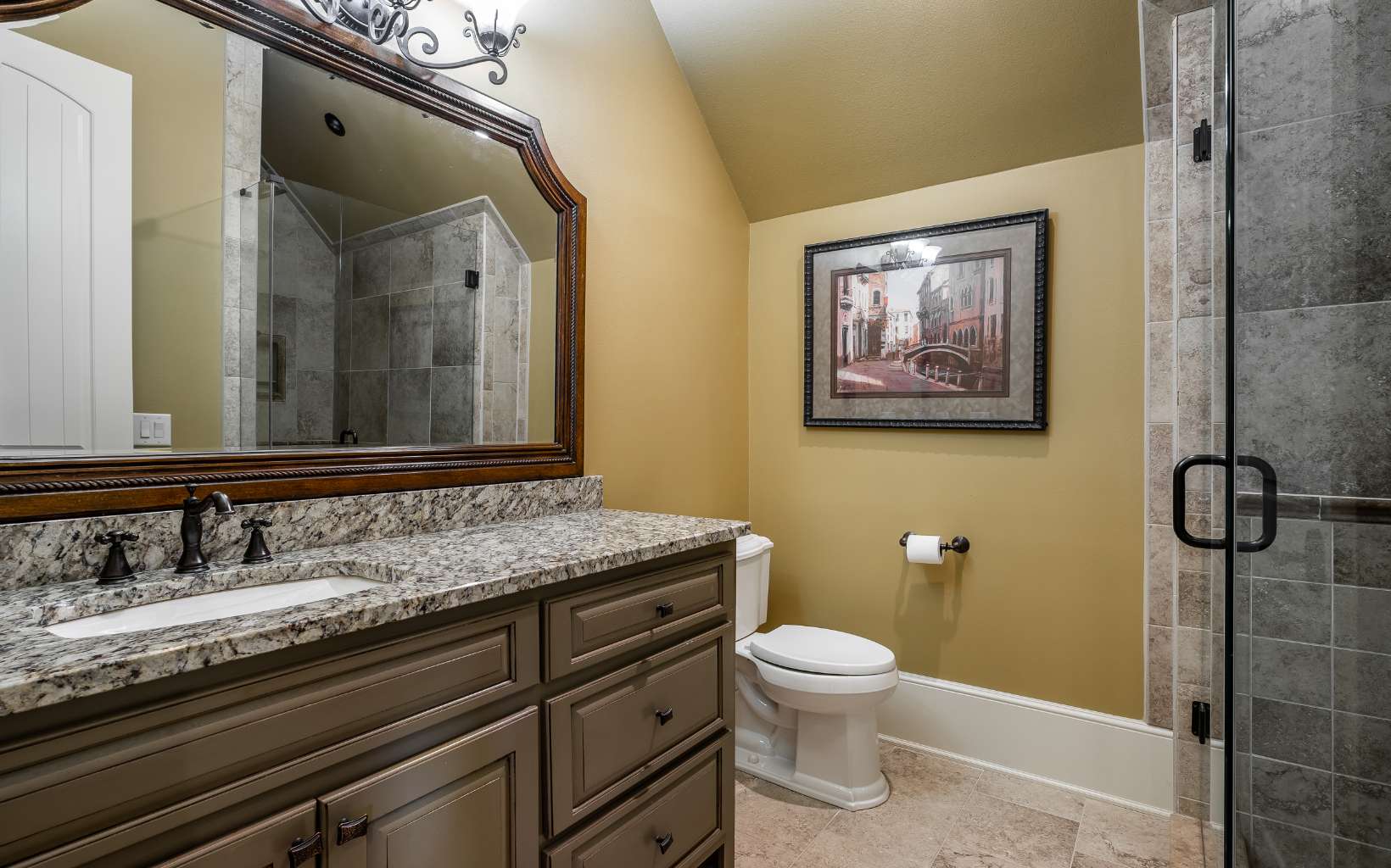 474 Stewart Camp Point Blue Ridge, GA 30513 - Photo 49 of 75 a bathroom with a granite countertop sink toilet and shower