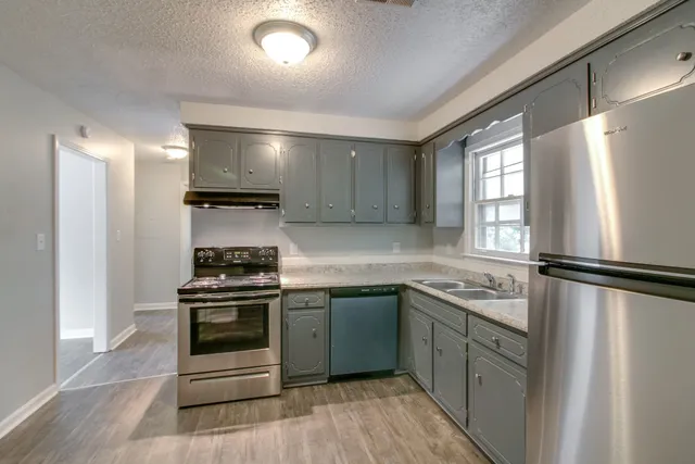a kitchen with a sink appliances and cabinets