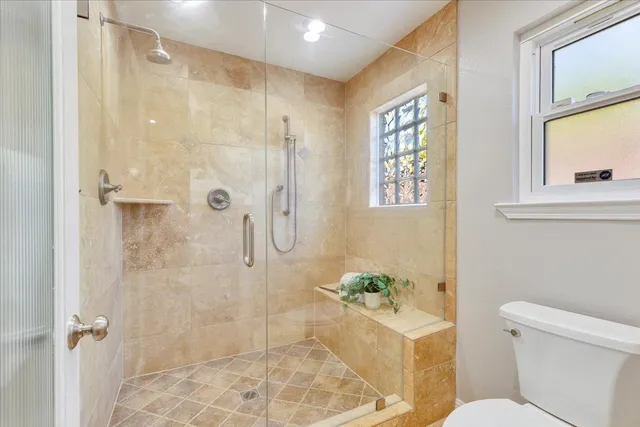 a bathroom with a shower and a toilet