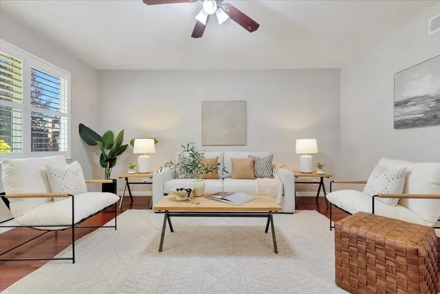 a living room with furniture and a potted plant