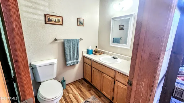 a bathroom with a granite countertop toilet sink and mirror