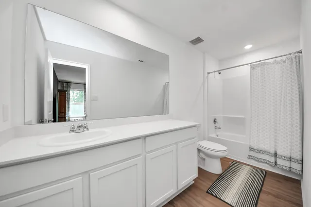 a bathroom with a sink toilet a mirror and vanity