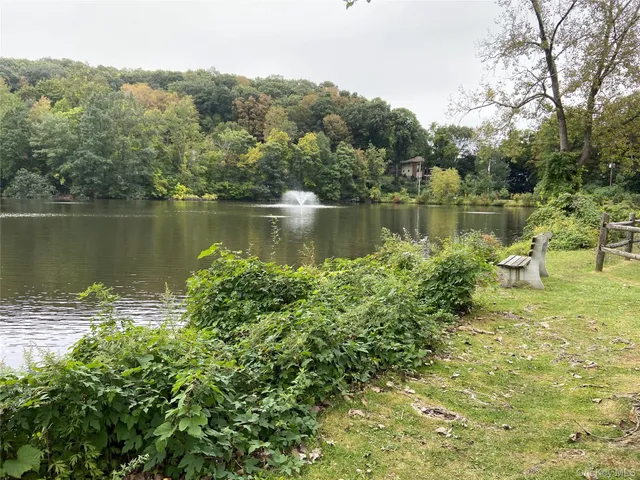 a view of a lake with a yard and large trees