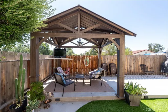 a garden view with a seating space