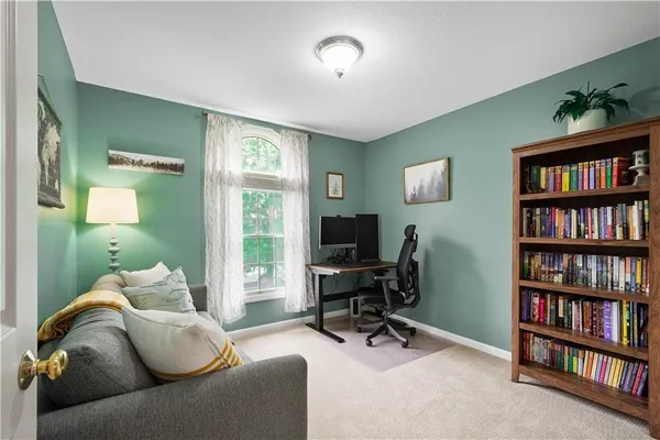 a living room with furniture and a book shelf
