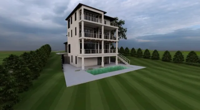 a view of a big building with big yard and large trees