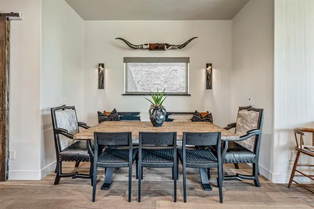 a view of a dining room with furniture