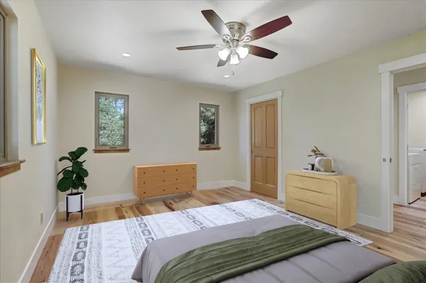 a view of a dry yard with trees