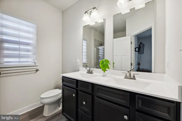 a bathroom with a double vanity sink toilet and a mirror
