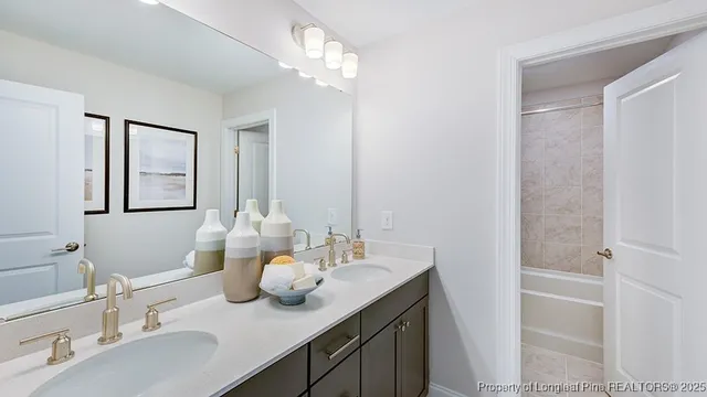 a bathroom with a double vanity sink mirror and shower