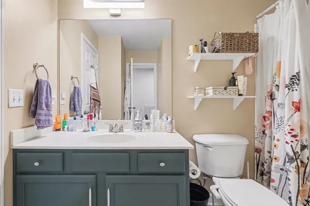 a bathroom with a sink vanity mirror and toilet
