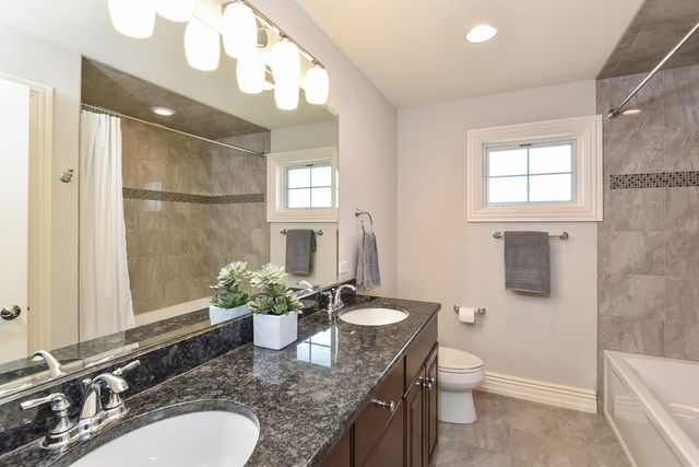 4553 Wolf Road Western Springs, IL 60558 - Photo 21 of 35 a bathroom with a granite countertop sink a toilet a mirror and shower
