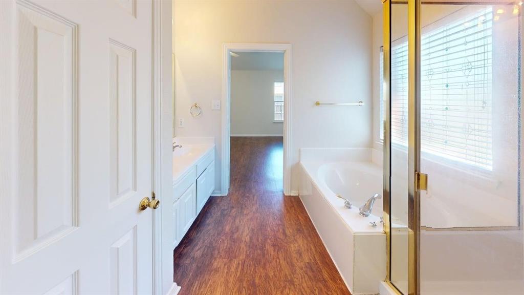 3223 Winding Ridge Circle Arlington, TX 76063 - Photo 21 of 27 Bathroom featuring vanity, a garden tub, dark wood-style floors, and a stall shower